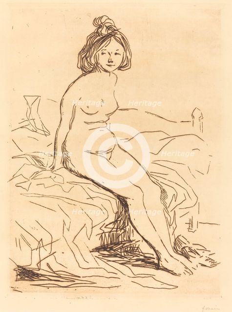 Nude Woman, Seated on Her Bed, Front View, 1909. Creator: Jean Louis Forain.
