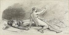 Nude Woman Seated with Nude Man Asleep (recto); Female Torso Seen..., 1875 (recto); c. 1875 (verso). Creator: Jean Beraud