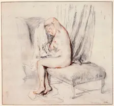 Nude woman sitting on a chaise longue, putting on her shirt 18th century. Artist: Jean-Antoine Watteau