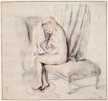 Nude woman sitting on a chaise longue, putting on her shirt 18th century. Artist: Jean-Antoine Watteau