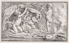 Nude children and a dog warming themselves by a fire; an allegory of Winter, after a..., after 1745. Creator: Anon