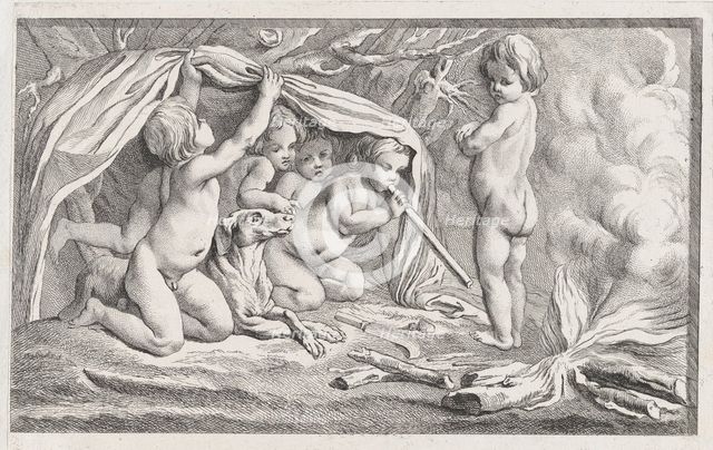 Nude children and a dog warming themselves by a fire; an allegory of Winter, after a..., after 1745. Creator: Anon.