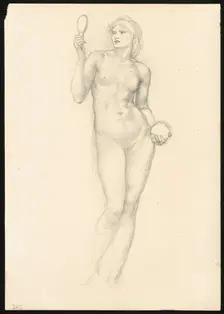 Nude Female Figure with Mirror in Right Hand, c. 1873-77. Creator: Sir Edward Coley Burne-Jones