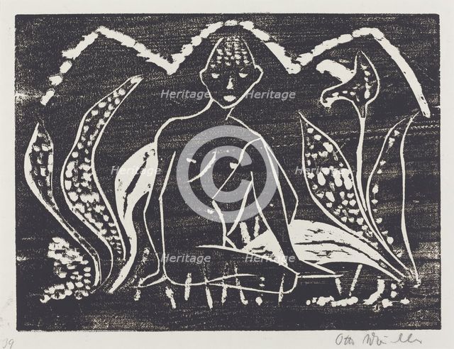 Nude Figure of a Boy in a Landscape (Knabe zwischen Blattpflanzen), 1912. Creator: Otto Mueller.