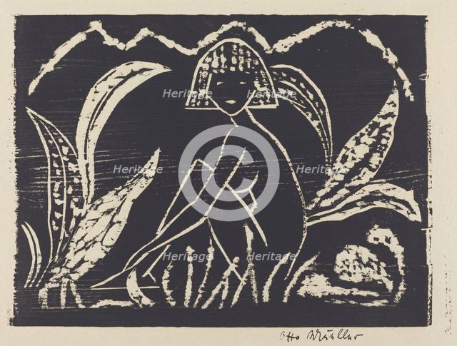 Nude Figure of a Girl in a Landscape (Madchenzwischen Blattpflanzen), 1912. Creator: Otto Mueller.