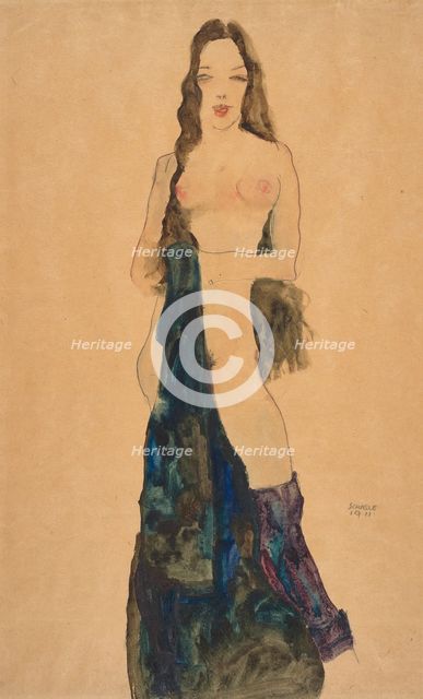 Nude Girl Standing With Blue-Black Drape, 1911. Creator: Schiele, Egon (1890-1918).
