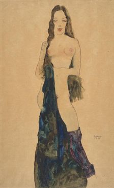 Nude Girl Standing With Blue-Black Drape, 1911. Creator: Schiele, Egon (1890-1918)