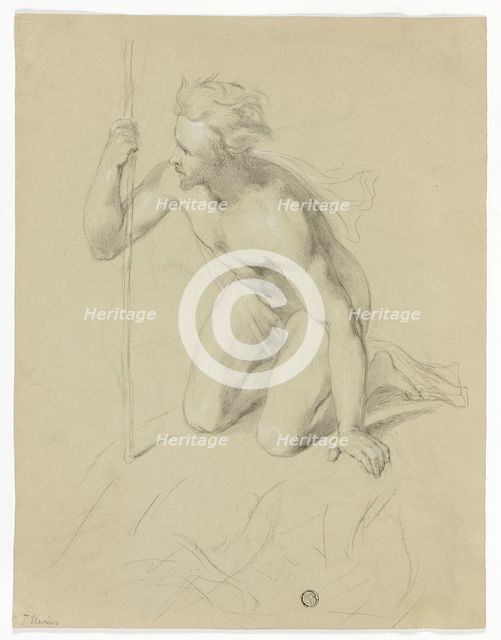 Nude Man Kneeling, Holding Staff (recto); Alpine Panorama (verso), n.d. Creator: Thomas Uwins.