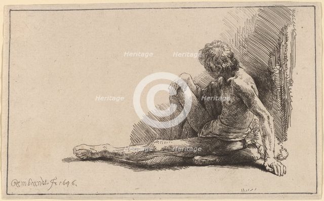 Nude Man Seated on the Ground with One Leg Extended, 1646. Creator: Rembrandt Harmensz van Rijn.