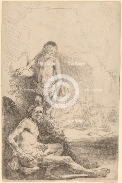 Nude Man Seated and Nude Man Standing, with a Woman and Baby in the Background, c. 1646. Creator: Rembrandt Harmensz van Rijn.