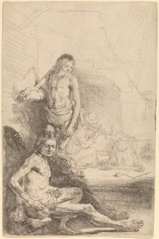 Nude Man Seated and Nude Man Standing, with a Woman and Baby in the Background, c. 1646. Creator: Rembrandt Harmensz van Rijn