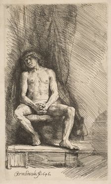 Nude Man Seated before a Curtain, 1646. Creator: Rembrandt Harmensz van Rijn