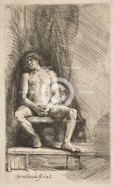 Nude Man Seated before a Curtain, 1646. Creator: Rembrandt Harmensz van Rijn.