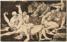 Nude Male Figures Bearing the Bodies of their Dead Companions, c. 1779. Creator: James Jefferys