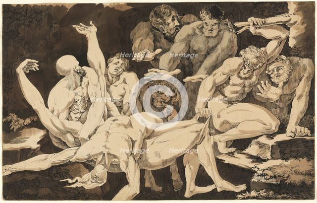 Nude Male Figures Bearing the Bodies of their Dead Companions, c. 1779. Creator: James Jefferys.