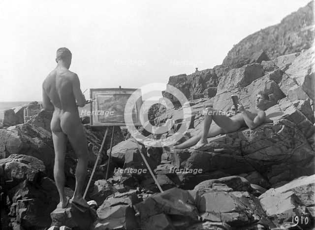 Nude modelling by the sea, 1910. Creator: Unknown.