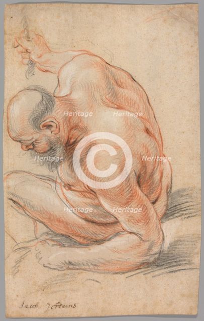 Nude Old Man Seated, Leaning on His Forearm, Facing Left, c. 1640. Creator: Jacob Jordaens.