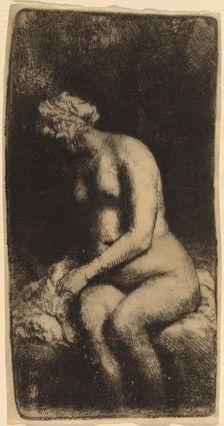 Nude Seated on a Bench with a Pillow (Woman Bathing Her Feet at a Brook), 1658. Creator: Rembrandt Harmensz van Rijn