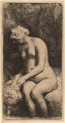 Nude Seated on a Bench with a Pillow (Woman Bathing Her Feet at a Brook), 1658. Creator: Rembrandt Harmensz van Rijn