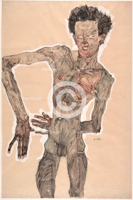 Nude Self-Portrait, Grimacing, 1910. Artist: Schiele, Egon (1890–1918)