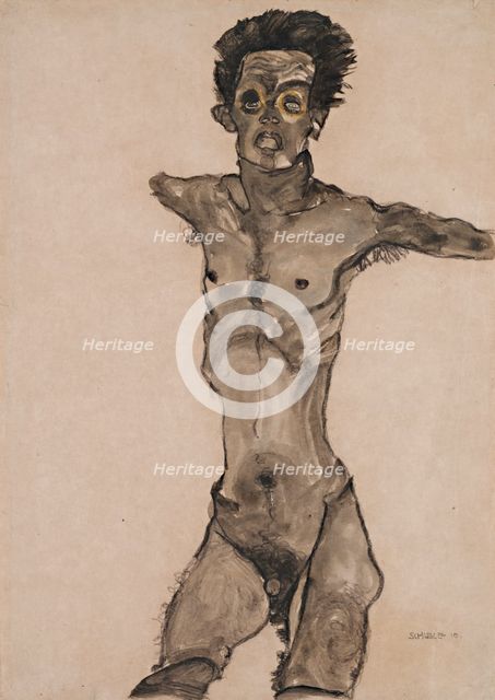 Nude Self-Portrait in Gray with Open Mouth.