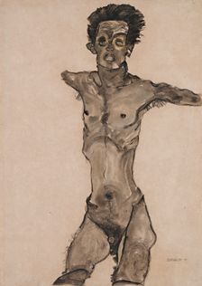 Nude Self-Portrait in Gray with Open Mouth