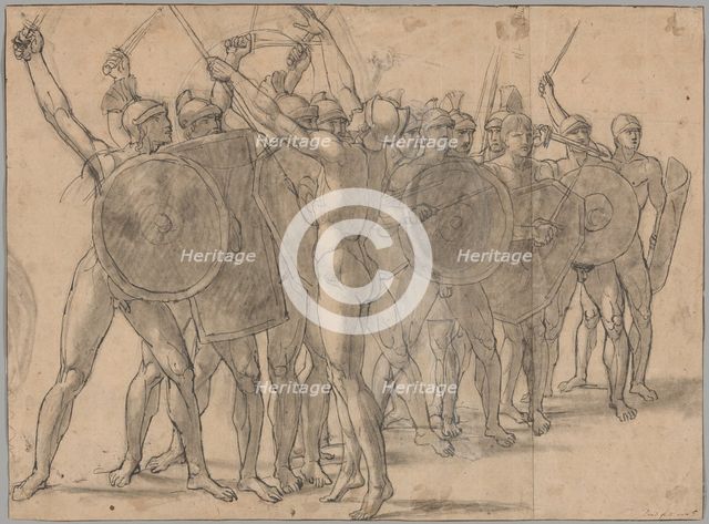 Nude Soldiers Gesticulating with Their Weapons (recto); Two Drapery Studies for the..., 1796/97. Creator: Jacques-Louis David.