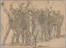 Nude Soldiers Gesticulating with Their Weapons (recto); Two Drapery Studies for the..., 1796/97. Creator: Jacques-Louis David