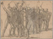Nude Soldiers Gesticulating with Their Weapons (recto); Two Drapery Studies for the..., 1796/97. Creator: Jacques-Louis David