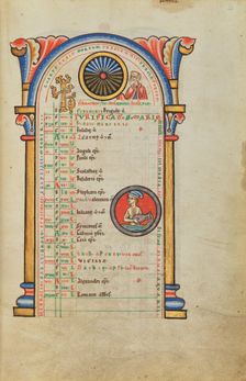 Numa Pompilius; Zodiacal Sign of Aquarius; Stammheim Missal, probably 1170s. Creator: Unknown