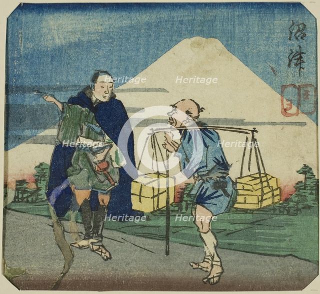 Numazu, section of a sheet from the series "A Harimaze Mirror of Joruri Plays (Harimaze..., 1854. Creator: Utagawa Kuniyoshi.