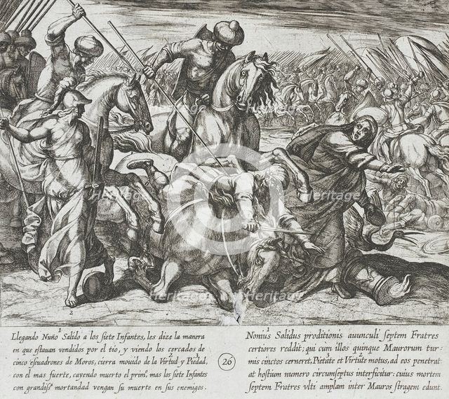 Nuño Salido Tells the Infantes of the Betrayal and is Killed by a Moor, 1612. Creator: Antonio Tempesta.