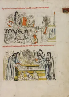 Nuns Praying over the Body of Saint Hedwig: The Burial of Saint Hedwig; Vita beatae Hedwigis, 1353. Creator: Unknown