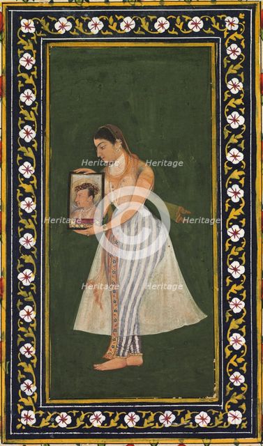 Nur Jahan, holding a portrait of Emperor Jahangir, c. 1627. Creator: Bishandas (Indian).