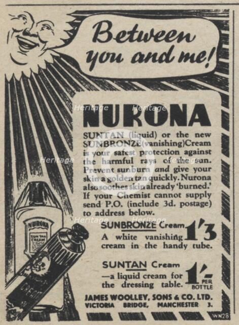 Nurona suntan preparations, 1939. Artist: Unknown