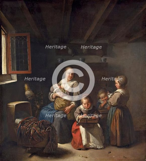 Nursing mother with three girls, 1675. Creator: Gaspar Netscher.