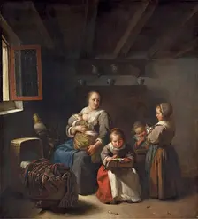 Nursing mother with three girls, 1675. Creator: Gaspar Netscher