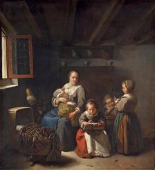 Nursing mother with three girls, 1675. Creator: Gaspar Netscher
