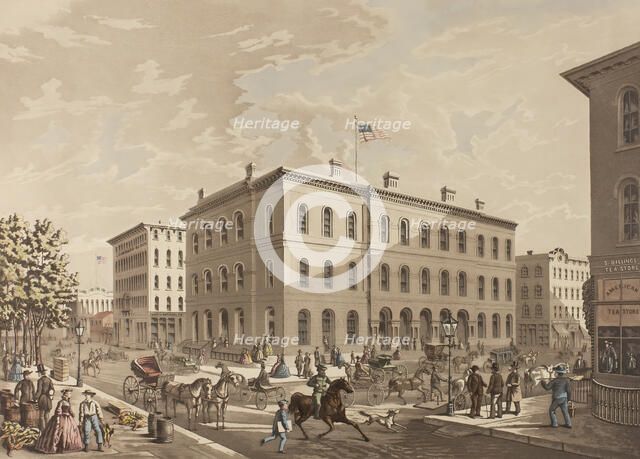 N.W. Corner of Dearborn and Monroe Streets, Chicago, Show..., published August 1927 (1865 depicted). Creator: Raoul Varin.