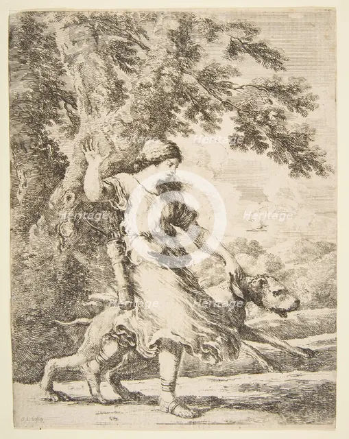 Nymph Holding a Large Dog by the Collar, ca. 1654. Creator: Stefano della Bella.