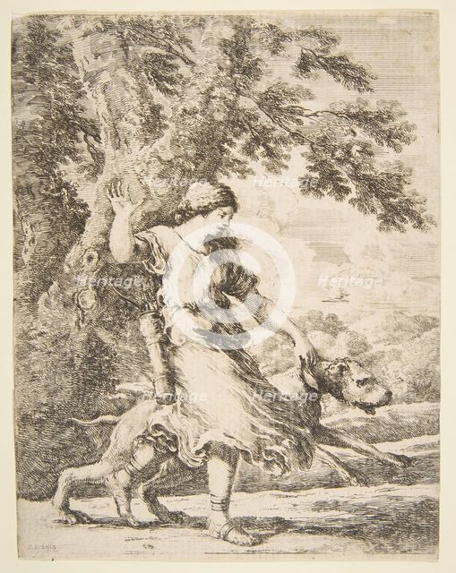 Nymph Holding a Large Dog by the Collar, ca. 1654. Creator: Stefano della Bella.
