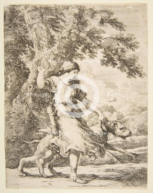 Nymph Holding a Large Dog by the Collar, ca. 1654. Creator: Stefano della Bella.