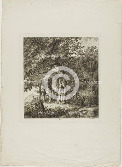 Nymph Hiding in a Tree, plate eight from Paysages Dédiés à M. Warelet, 1764. Creator: Salomon Gessner.