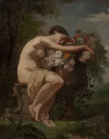 Nymph next to an urn full of flowers, exercise, 1846-1896. Creator: August Jernberg