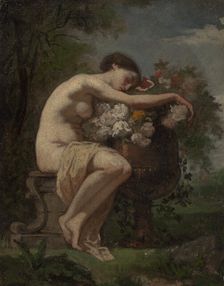 Nymph next to an urn full of flowers, exercise, 1846-1896. Creator: August Jernberg