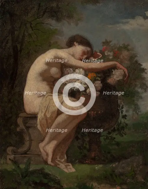 Nymph next to an urn full of flowers, exercise, 1846-1896. Creator: August Jernberg.