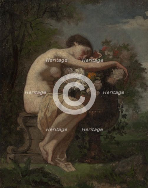 Nymph next to an urn full of flowers, exercise, 1846-1896. Creator: August Jernberg.