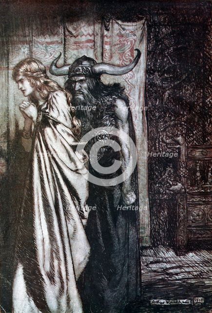 O wife betrayed I will avenge they trust deceived! Illustration for Siegfried and The Twilight of t Artist: Rackham, Arthur (1867-1939)