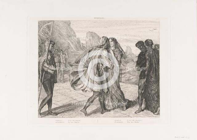 O my fair warrior!: plate 5 from Othello (Act 2, Scene 1), etched 1844, reprinted 1900. Creator: Theodore Chasseriau.