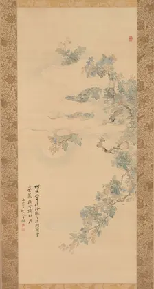 Small Bird on a Crepe Myrtle Branch, 19th century. Creator: Tsubaki Chinzan